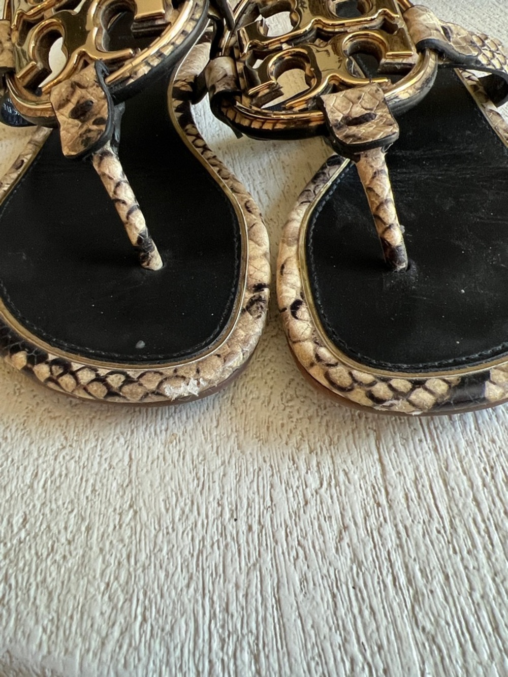 Tory Burch Black and Beige Snake-Print Miller Sandals with Gold Logo - Picture 5 of 6